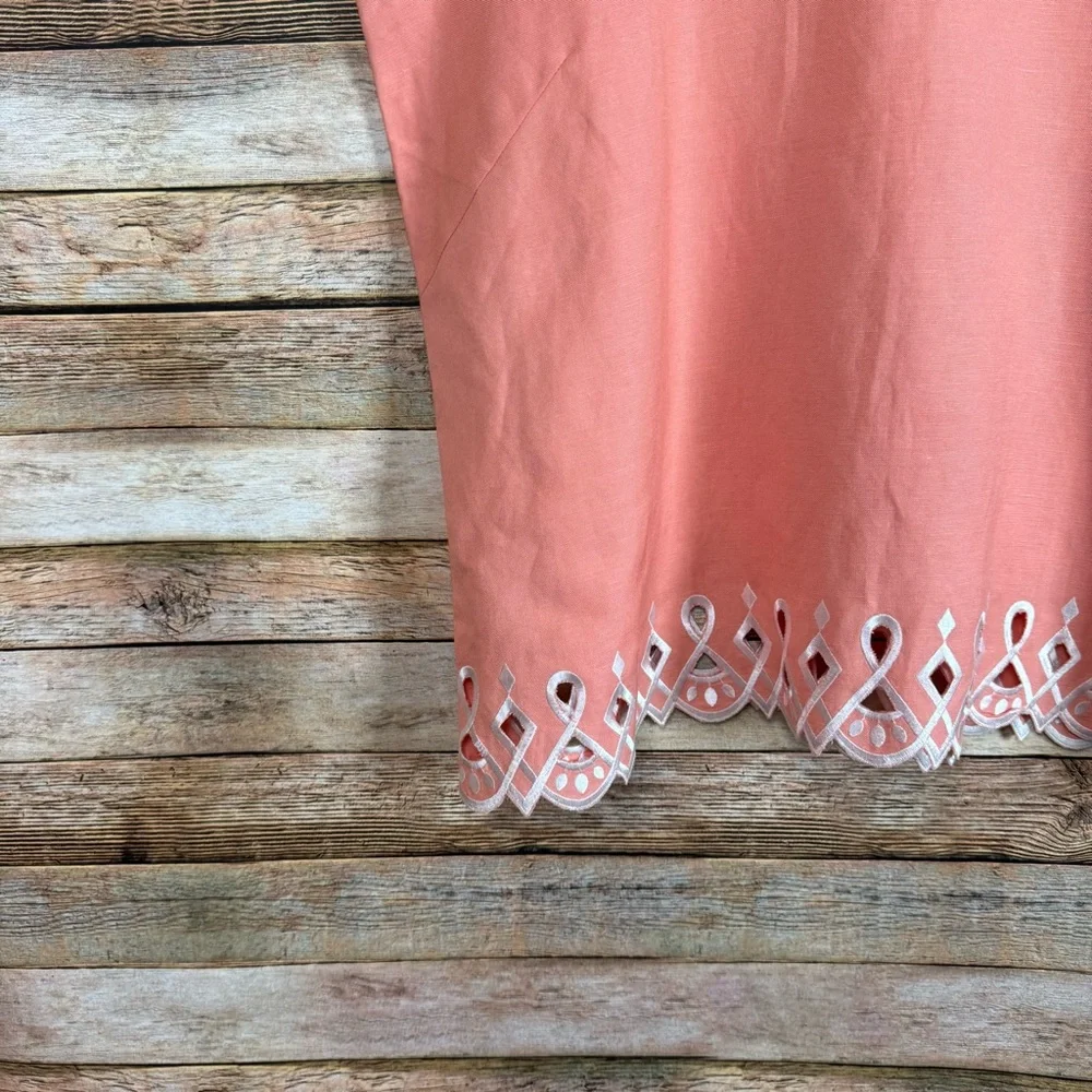 Bob Mackie Orange Coroal Embroidered Scalloped Hem Linen Blend Shell Tank Top L - Picture 2 of 8